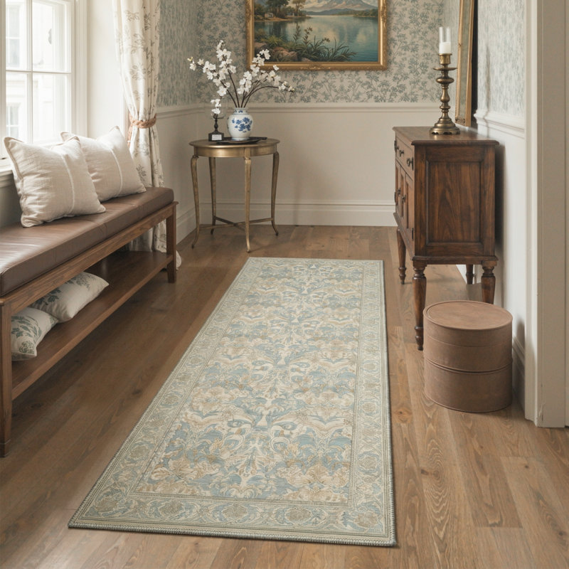 Allendale Verve Floral Machine Washable Blue / Brown Indoor Area Rug with Non-Slip Backing, Runner 2' x 7'