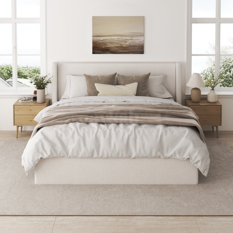 Lit plateforme capitonné avec rangement, Grand, Beige