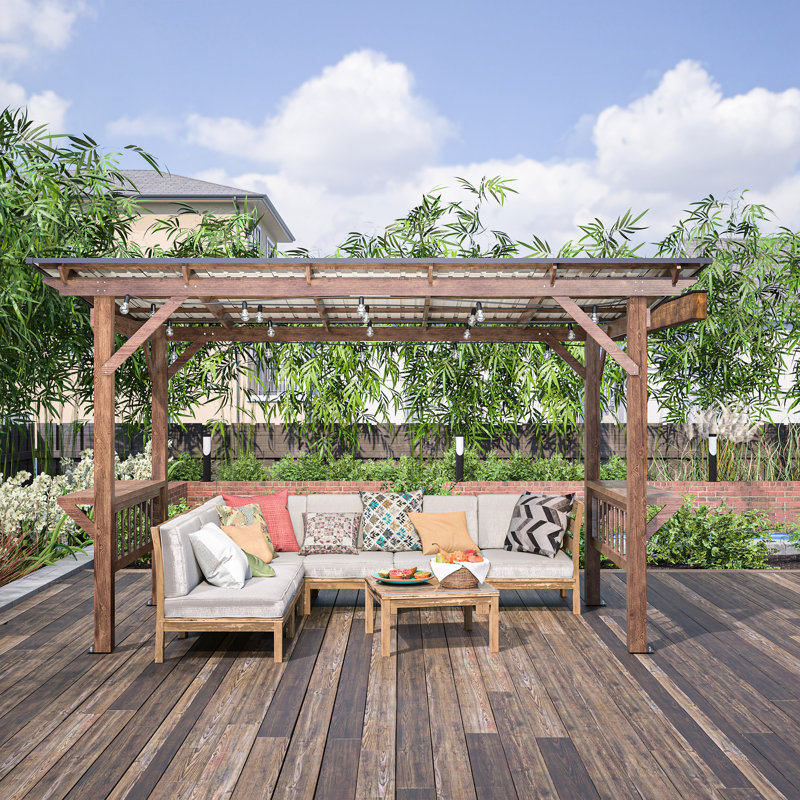 Pavillon de jardin pergola en bois robuste avec toit en métal et comptoirs exceptionnels