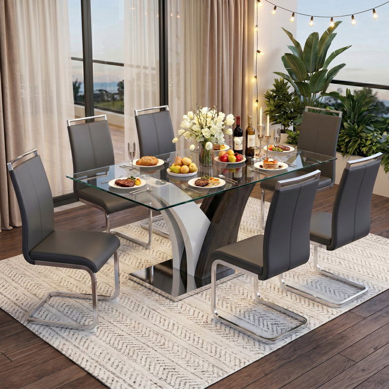 Modern 7-Piece Rectangular Tempered Glass Dining Set with Faux Leather Cantilever Chairs, Dark Gray