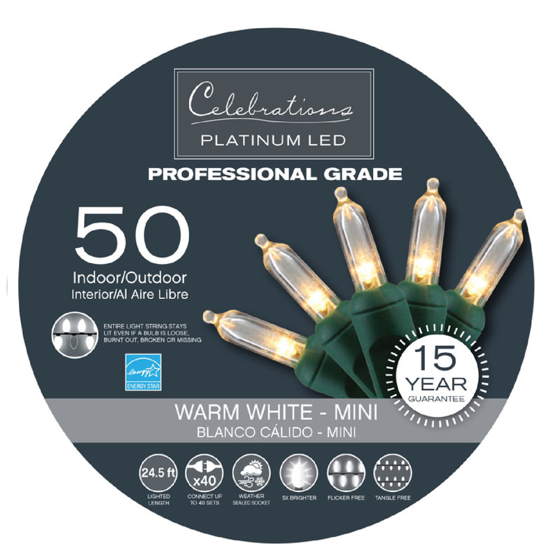 Celebrations Platinum LED Mini 50 Ct String Christmas Lights 24.5 Ft., Warm White