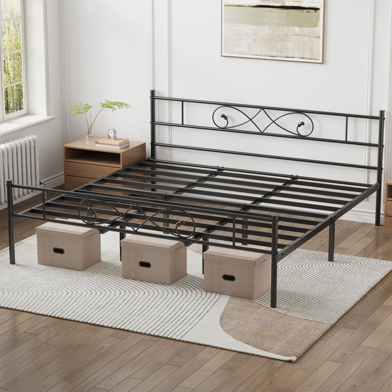 Structure de lit plateforme en métal rétro avec tête et pied de lit, espace de rangement sous le lit de 12,6 pouces, fabrication stable et silencieuse, aucun sommier tapissier requis