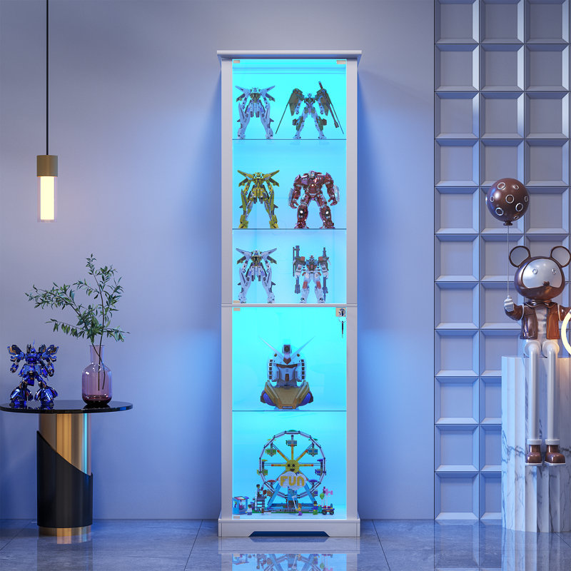 Giass Display Cabinet, 5-tier Display Cabinet With Lock, Bookcasewith 3 Color Led Lights, White