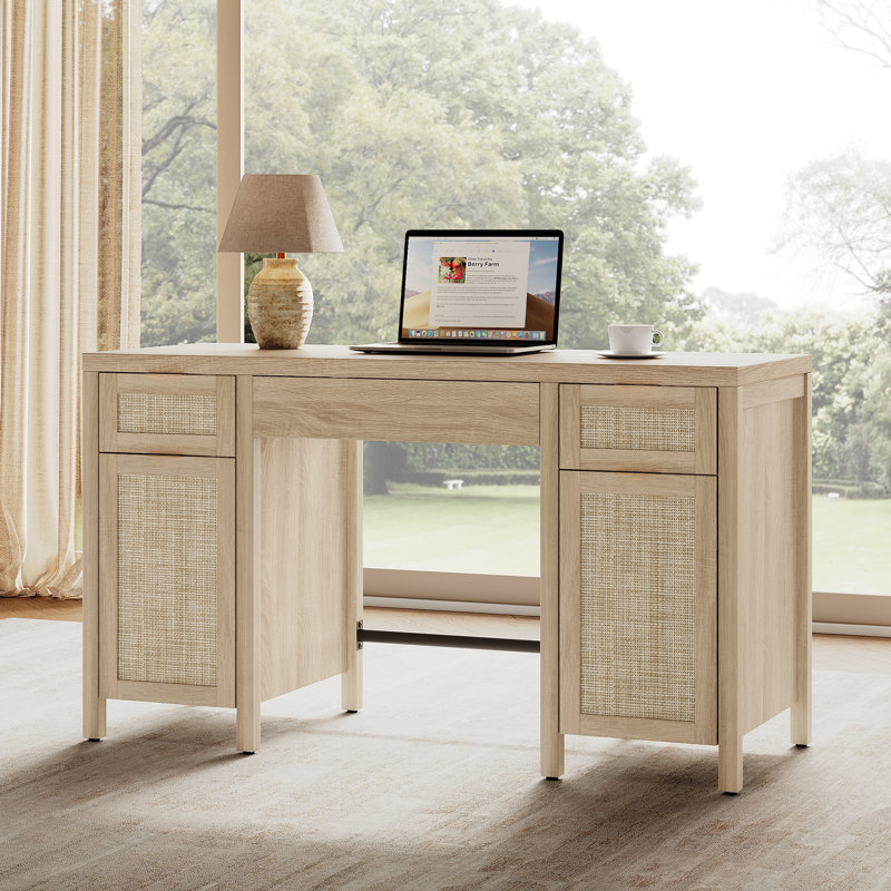 Boho Rattan 3-Drawer Storage Desk With 2 Cabinets And Adjustable Shelves, Light Oak, 1