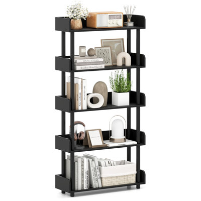 Bibliothèque ouverte à 5 niveaux de style industriel, tablette hybride métal-bois pour salon, bureau, chambre à coucher, noire