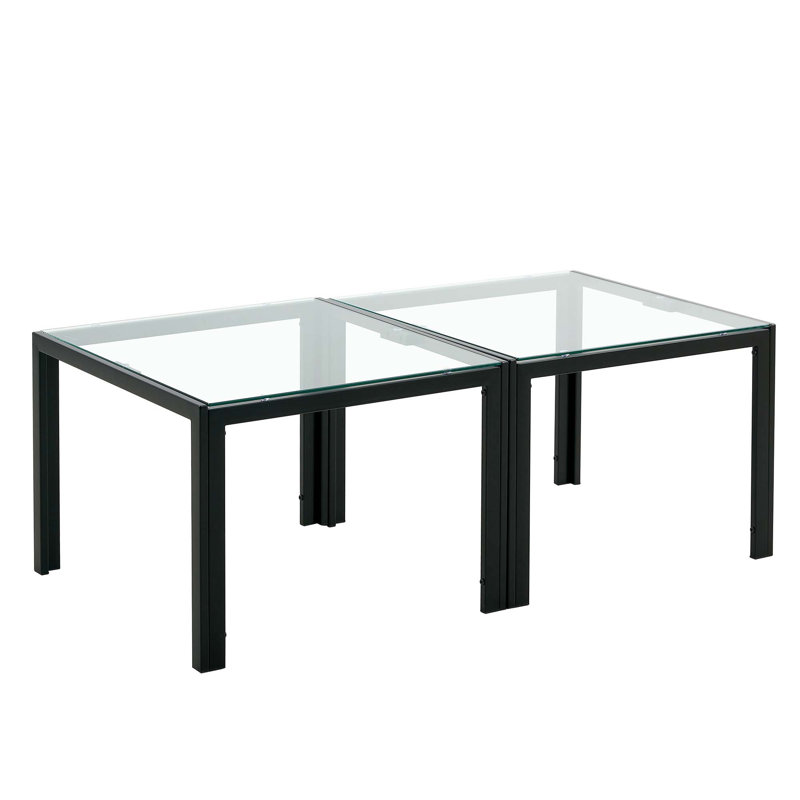 Square Black Metal Coffee Table Set with Tempered Glass Top