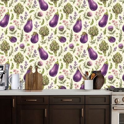 Papier peint adhésif peler et coller en PVC, revêtement mural auto-adhésif amovible avec aubergine artichaut botanique imprimé rétro de style jardin, imperméable pour la décoration intérieure - rouleau