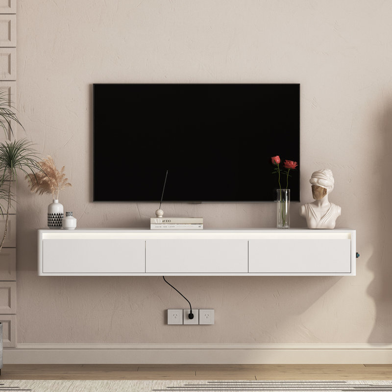 Meuble télé flottant, étagère murale avec lumières DEL et prise de courant, Blanc