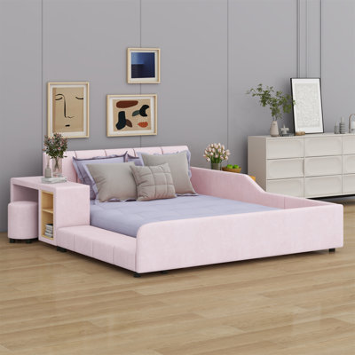 Upholstered Grounded Bed, Child Bed With Bedside Desk And Little Round Stool