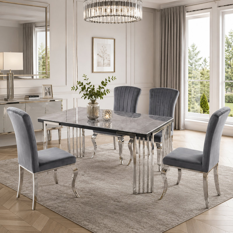 Cindy Grey Sintered Stone Dining Table with Luxury Silver Legs