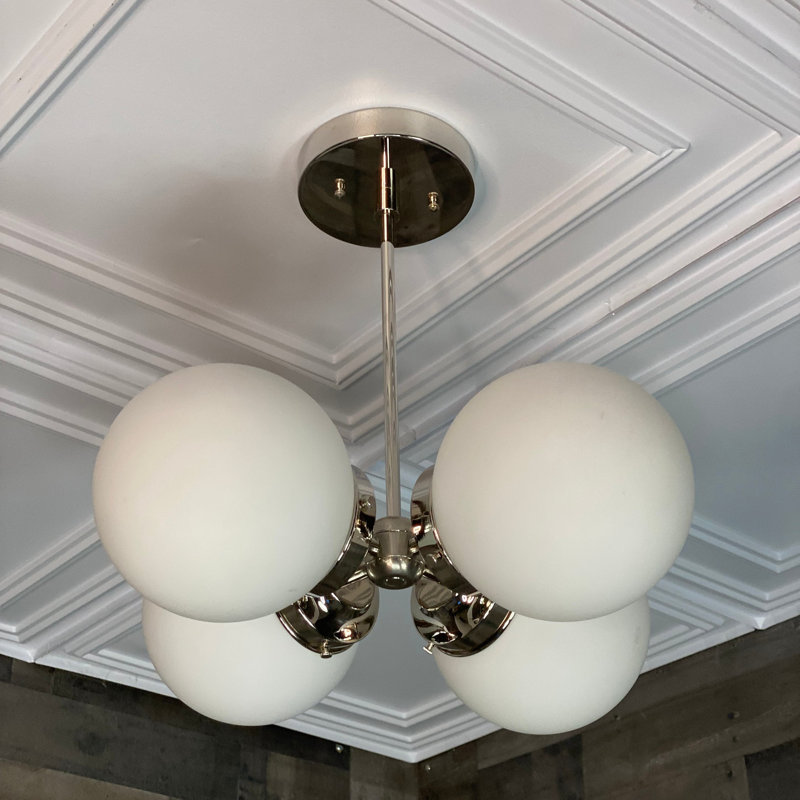 Lustre moderne 5 lumières Mid-Century, Nickel poli, Blanc