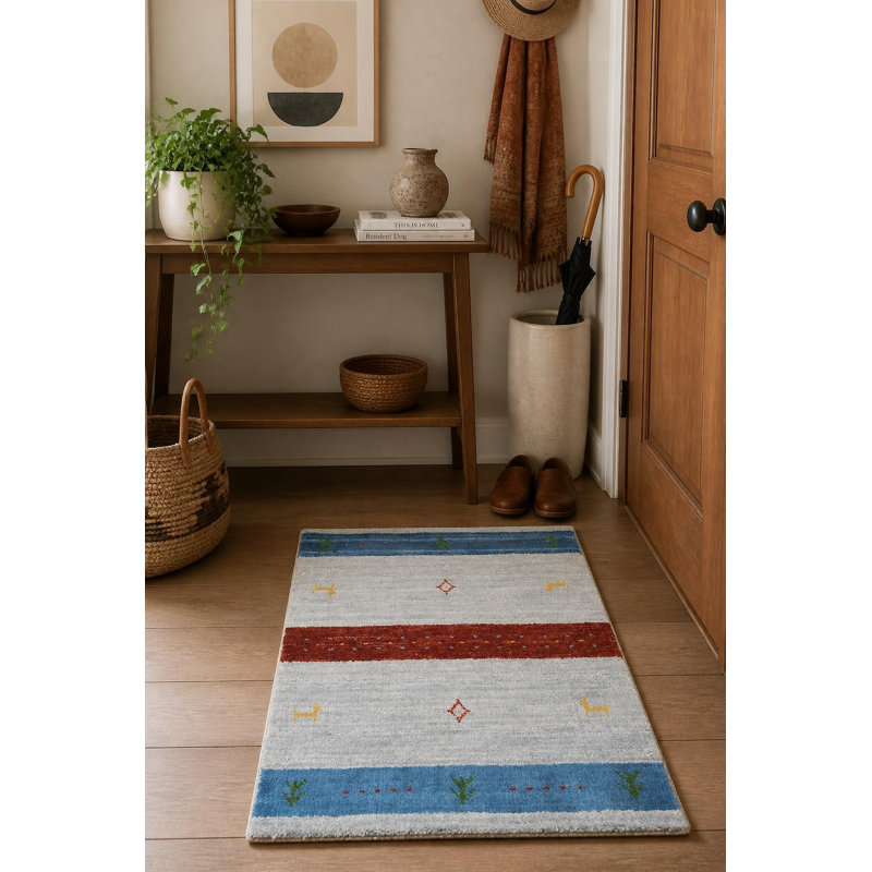 Tapis de vestibule tribal à rayures gris en laine noué à la main 2 pi 3 pi Tribal