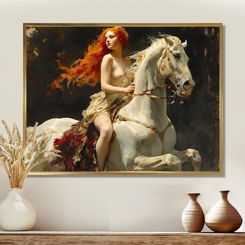 «Wild Lady Godiva On White Horse - Modern Woman», art mural, H 24 po x l 32 po, Cadre flottant doré