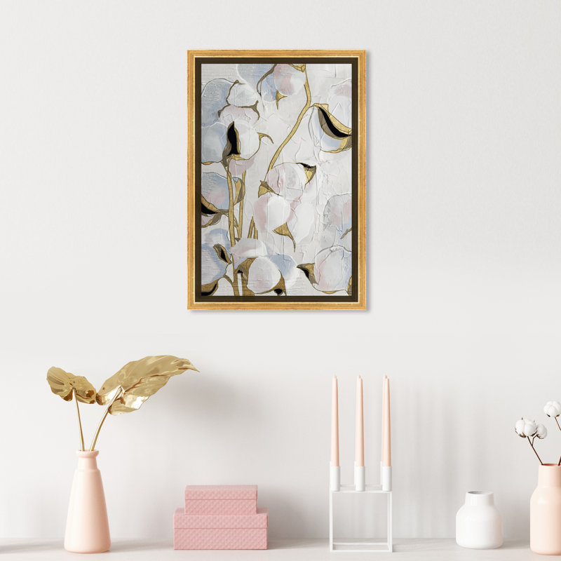 Tige dorée florale, fleurs de coton blanc moderne - peinture sur toile, H 15 po x l 10 po x P 1,75 po