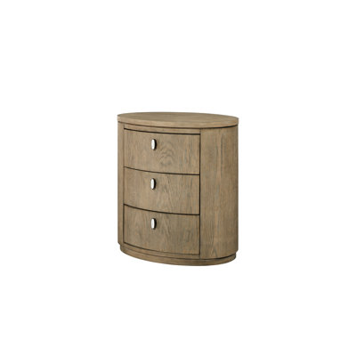 Oval Nightstand In Toffee Shade, Three Soft - Close Drawers For Smooth Operation, Built Ports Bedside Devices, Cylindrical Rounded Silhouette, Natural Wood Grain With Warm Finish, Mother Of Pearl