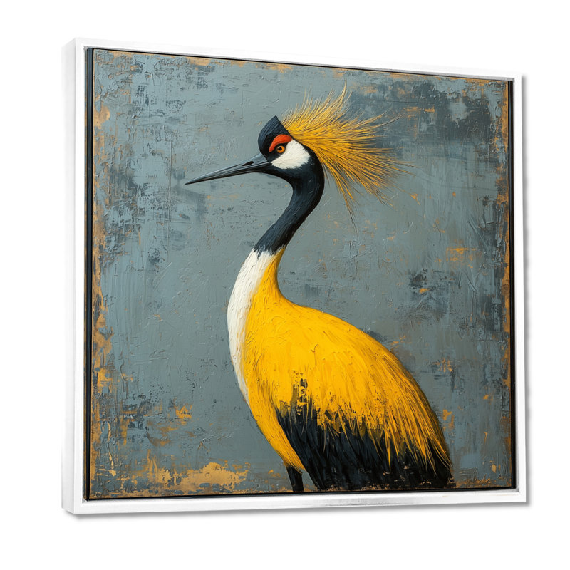 Grue grise et jaune, oiseau I - art mural oiseau pour le salon, H 16 po x l 16 po, Blanc