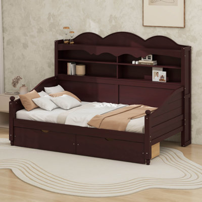 Twin Daybed With Storage Drawers, Wood Twin Day Bed With 3-Tier Storage Headboard Shelves, Retro Style Twin-Size Daybed