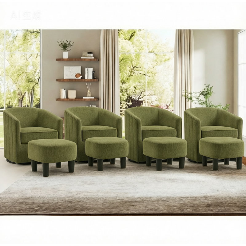 24.4" W Contemporary Upholstered Soft Swivel Barrel Chair And Ottoman, Dark Green