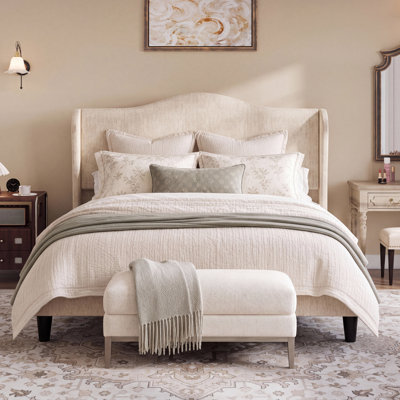 Chenille Crown Wingback Upholstered Bed With Headboard, Full/Queen/King,No Box Spring Needed