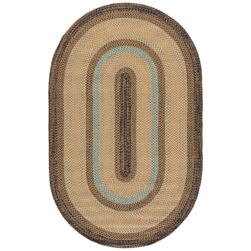 Braided Hand Woven Machine Washable Geometric Brown/Navy Indoor/Outdoor Area Rug, 5'-0" X 8'-0" Oval