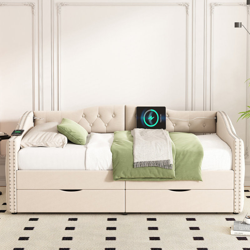 Upholstered Daybed With Storage Drawers And USB Ports, Beige