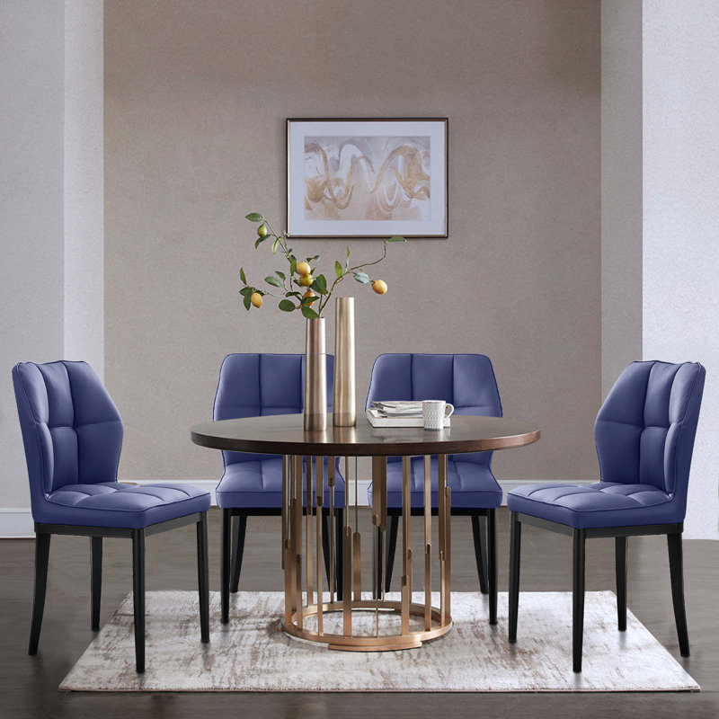 Raffertie 19.6" H PU Leather Upholstered Modern Dining Chairs With Black Metal Frame and Checker-Shaped Backerst, 2, Blue