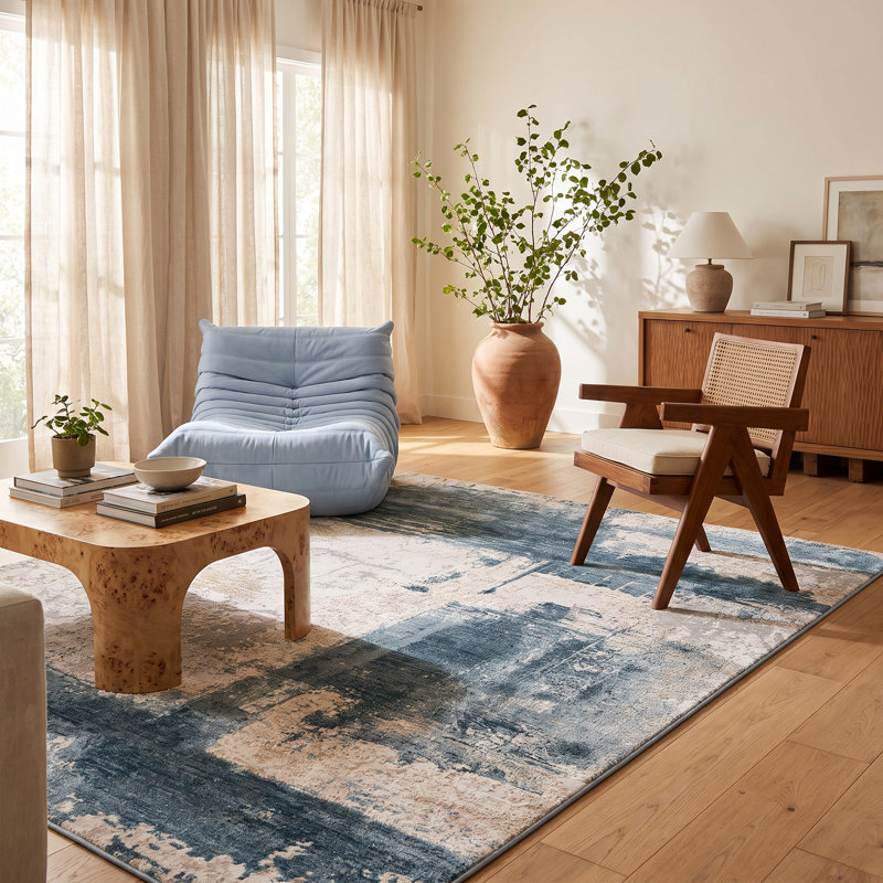 Rug Branch Terano 4' x 6' (3'10" x 5'6") Blue/Beige Abstract Indoor Area Rug, Contemporary, Medium Pile, Stain-Resistant Carpet - Living Room, Bedroom, Dining Room, and Kitchen