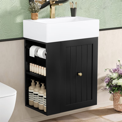 20-Inch Bathroom Vanity With Ceramic Sink, MDF Storage Cabinet With Drawer, Side Shelf & Silver Handle – Space-Saving Modern Vanity For Small Bathrooms