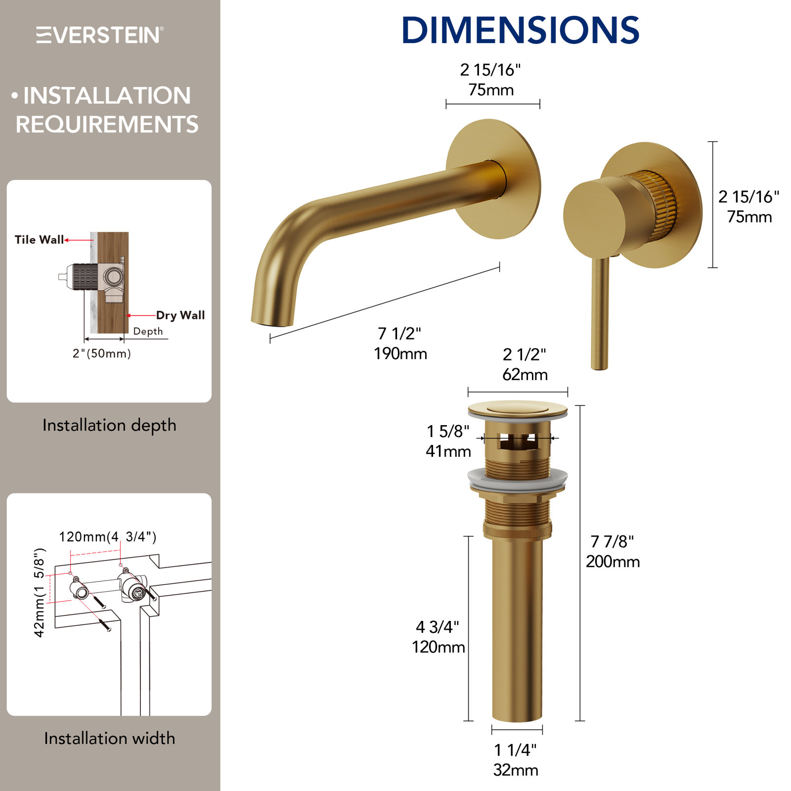 Wall-Mounted Bathroom Faucet with Drain, Brushed Gold