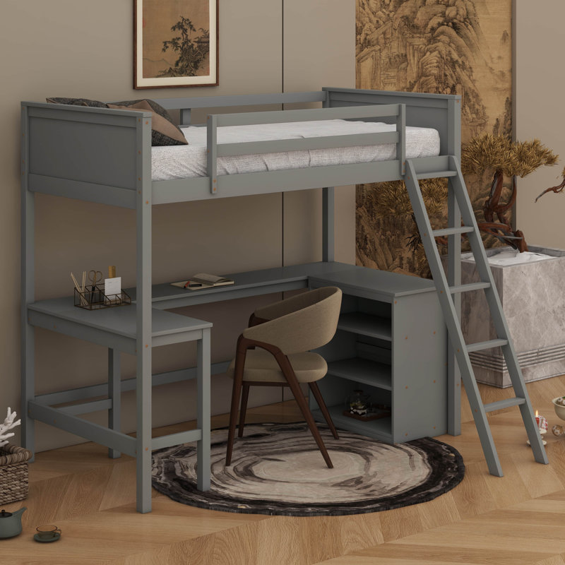 Lit mezzanine avec tablettes, bureau, Gris, Lit simple