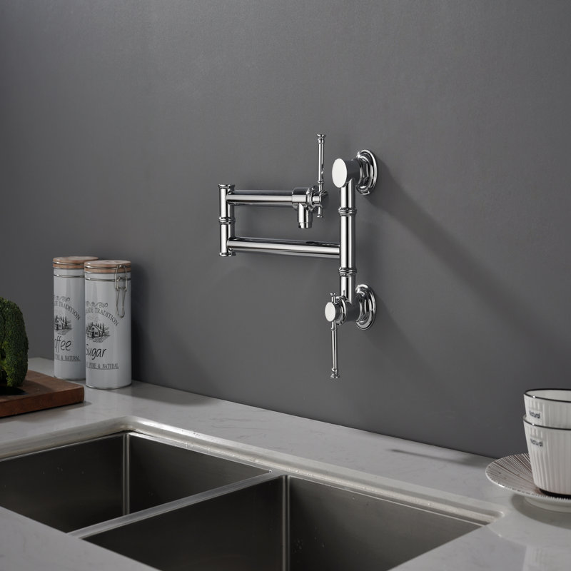 Wall Mounted Pot Filler Faucet, Modern Brass Pot Filler Two-Attachment Wall Mount Folding Kitchen Pot Filler Swing Arm
