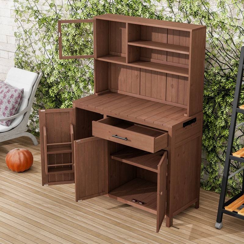Banc de rempotage en bois de sapin avec huche et armoires, tiroir, tablettes réglables et crochets, Brun