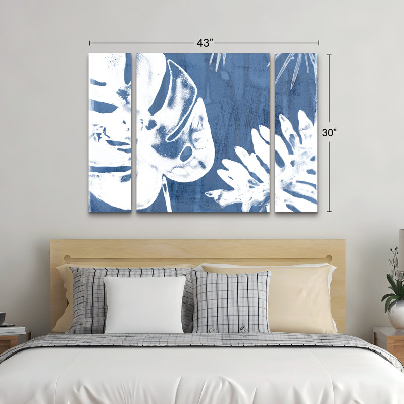 Ensemble de 3 panneaux d'art mural - "Tropical Indigo Impressions I" de June Erica Vess pour décoration de salon, de chambre à coucher ou de bureau
