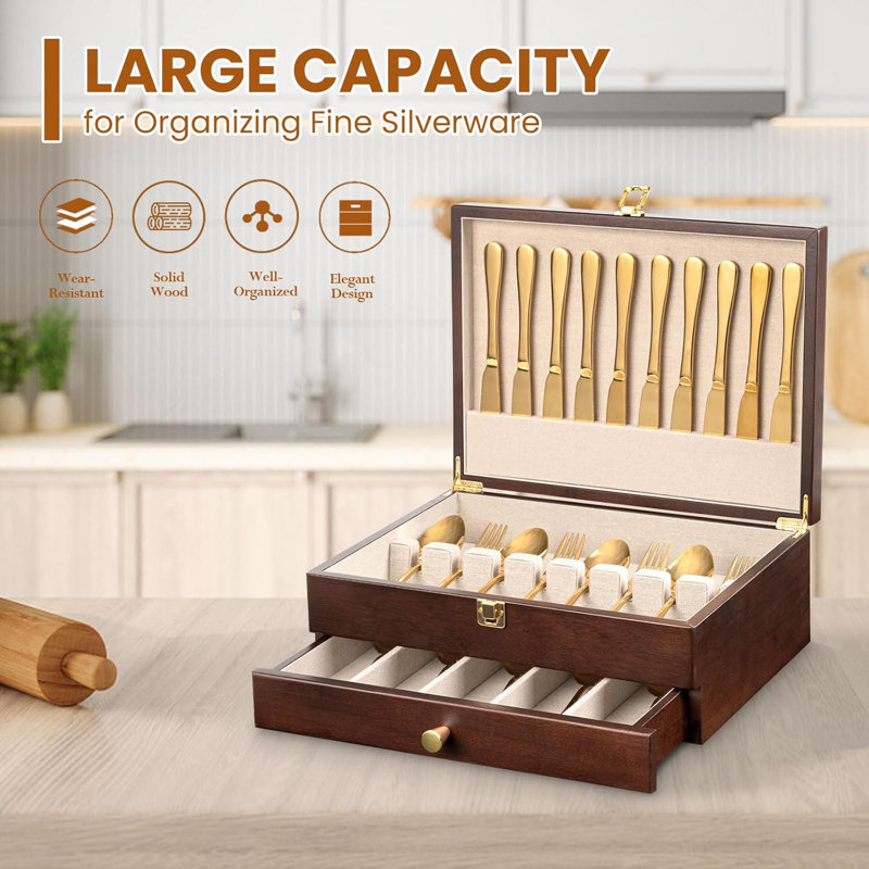Silverware Storage Box, 2-Layer Flatware Storage Case with Drawer, Walnut
