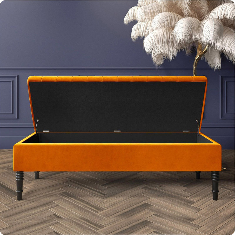 Safar Striped Ottoman Storage Bench – Upholstery Plush Velvet Shoe Bench with Black Turned Wooden Legs, Burnt Orange