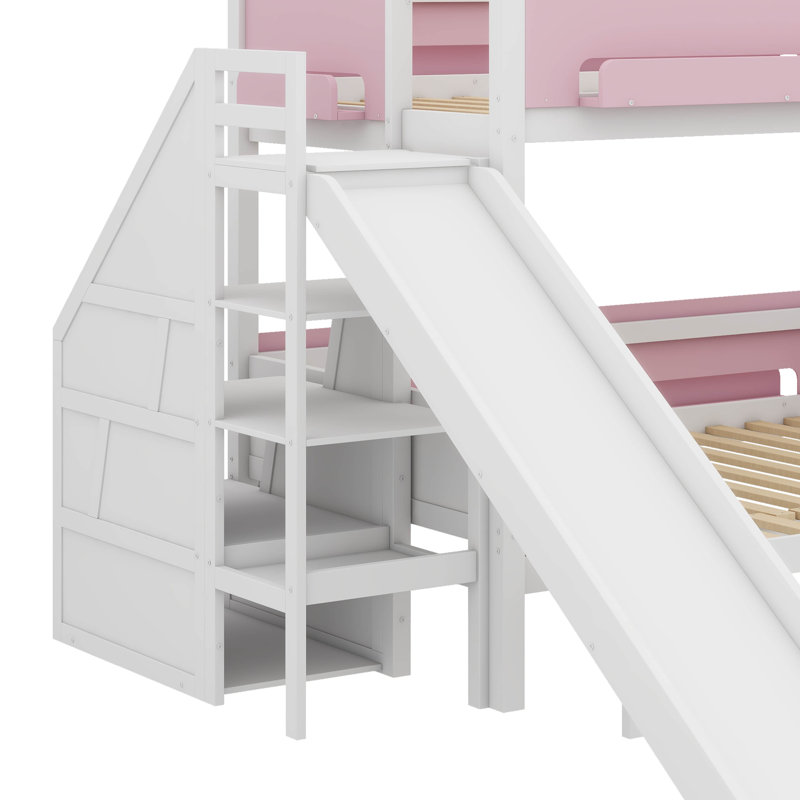 Lit superposé simple au-dessus de simple / double en bois avec glissière et escalier pour le rangement, Blanc / Rose