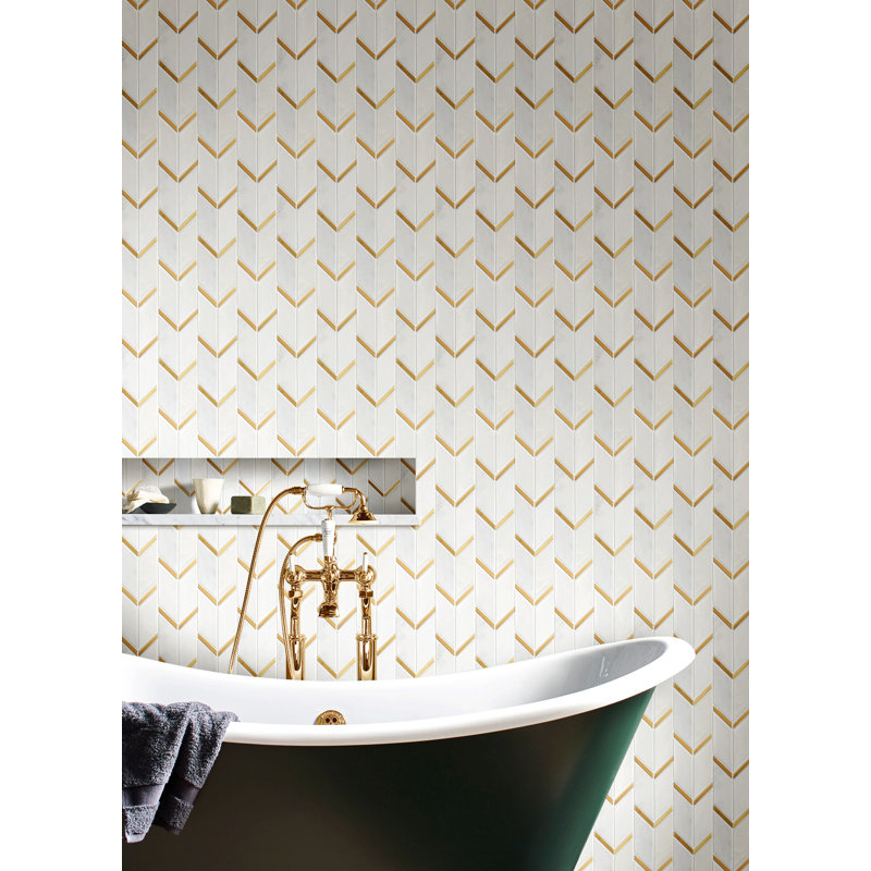 Natural Bianco 1" x 2" Herringbone / Chevron Mosaic Wall Tile, White/Gold
