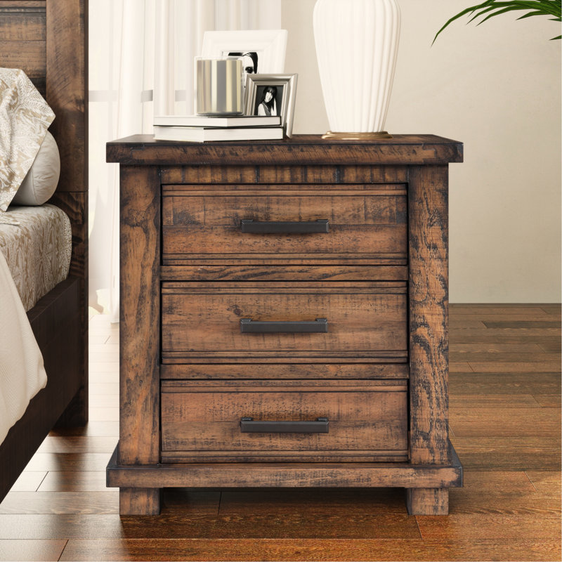 Table de chevet en bois de pin recyclé avec trois tiroirs en zinc naturel massif,