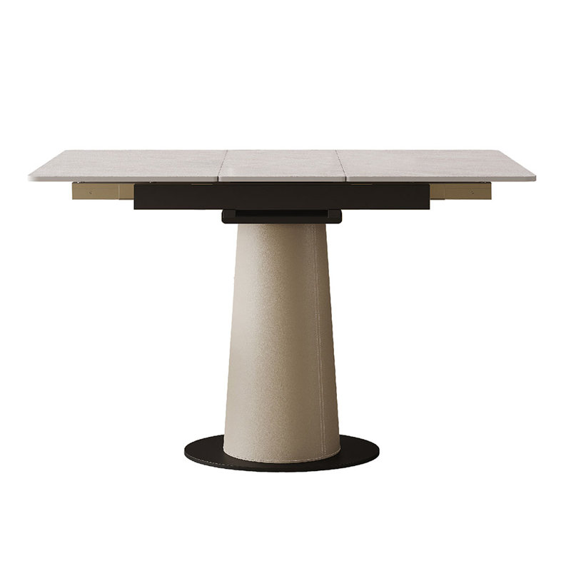 Table de salle à manger rétractable à dalle de roche pliante, table carrée extensible moderne avec base en acier inoxydable revêtue de cuir, table de cuisine à double usage pour les petits appartements