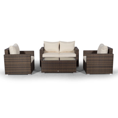 Villatoro Brown Rattan 2 Seat Sofa + 2 X Armchairs & Rectangle Coffee Table, Outdoor Patio Garden Furniture