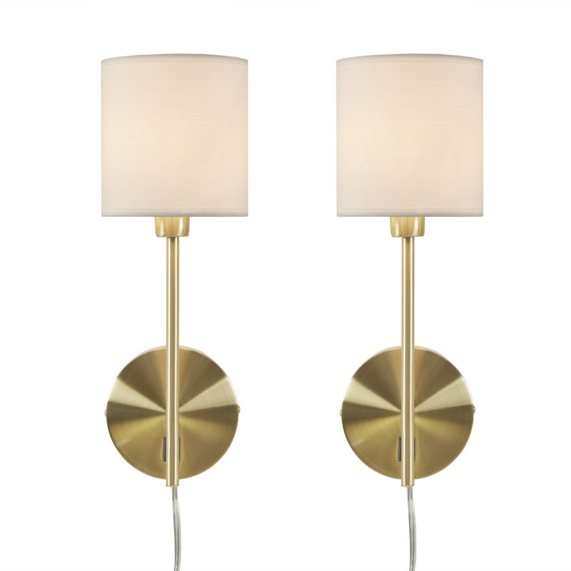 Elegant Gold Metal Wall Sconce with Cream Cylinder Shade - Set of 2
