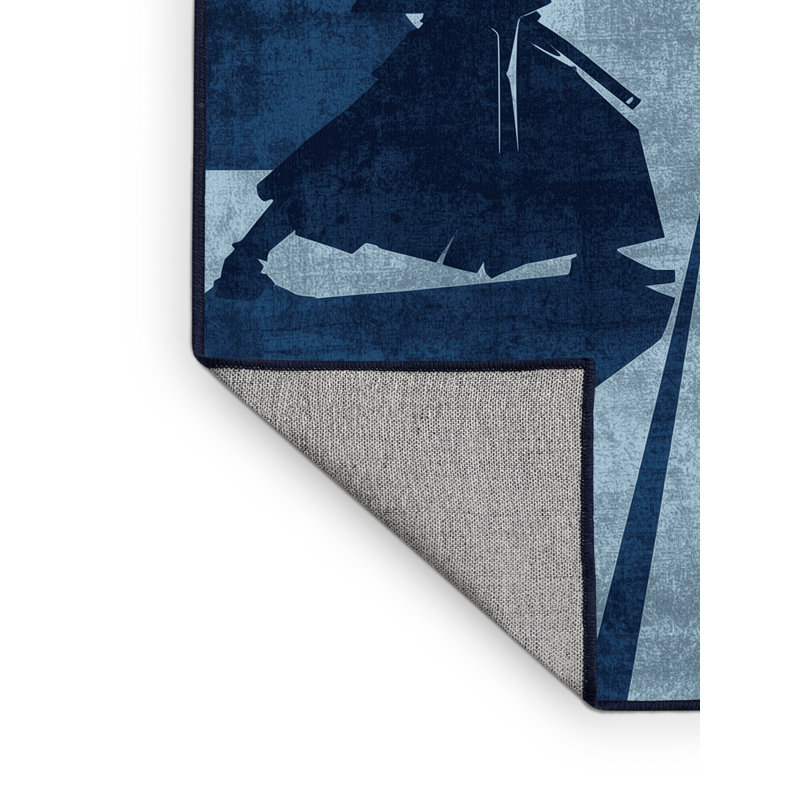 Machine Washable Auburndale Kendo Duel Modern Rug in Blue – Navy Binding, 2x3