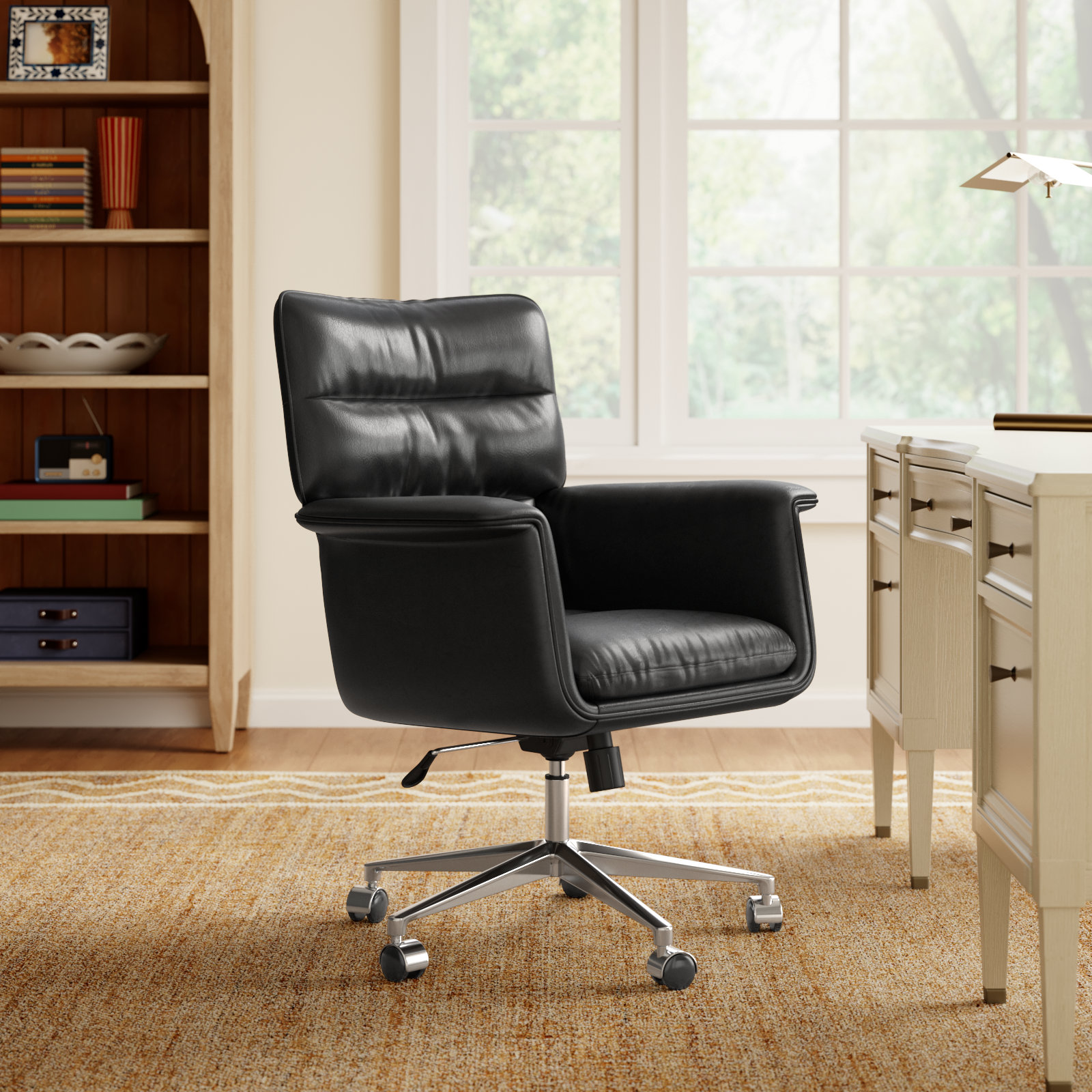 Savita Swivel Office Chair, Sonoma Black Genuine Leather