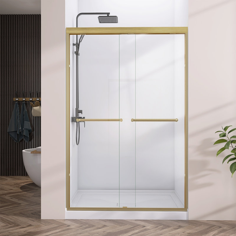 Amy 44" - 48" W X 72" H Semi-Frameless Double Sliding Bathroom Shower Door Bypass with Clear Tempered Glass in Brass Gold