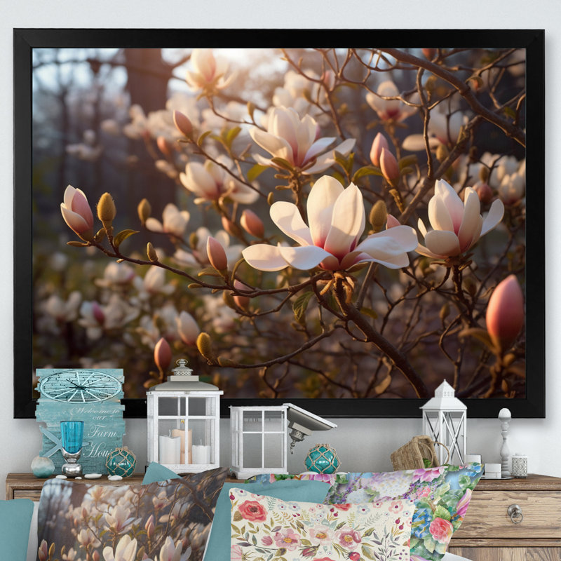 «White Pink Magnolias Landscape IV», reproduction d'art sur toile, H 12 po x l 20 po x P 1 po, Cadre simple noir
