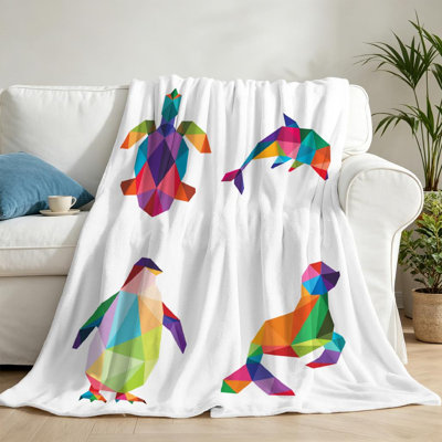 Jeté bleu en flanelle de polaire ultra douce, logo animal de mer Low Poly