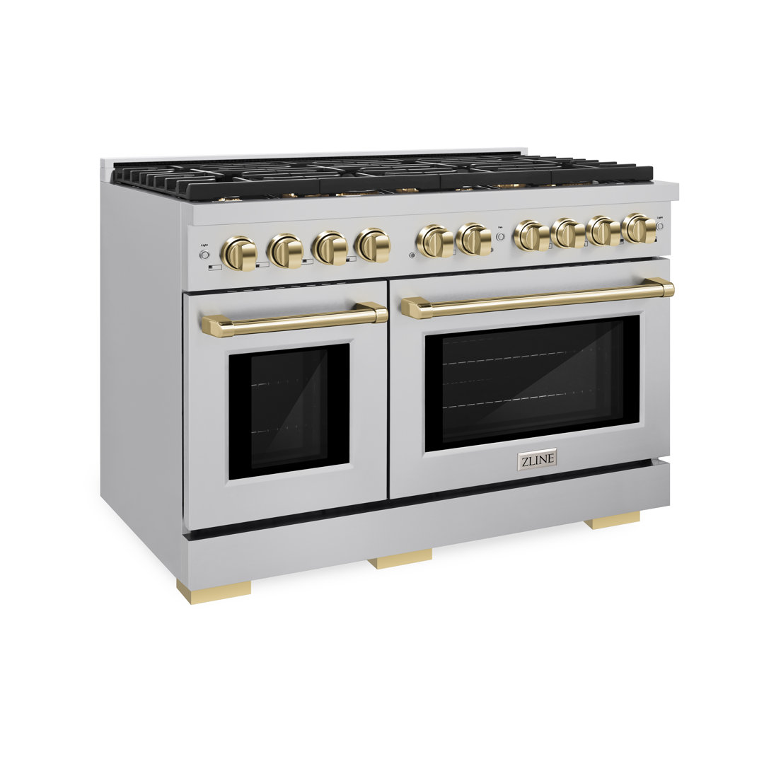 ZLINE Autograph Edition 48 in. 6.7 cu. ft. Paramount Double Oven Gas Range with 8 Burner Cooktop in Stainless Steel and Polished Gold Accents (SGRZ-48-G) ZLINE