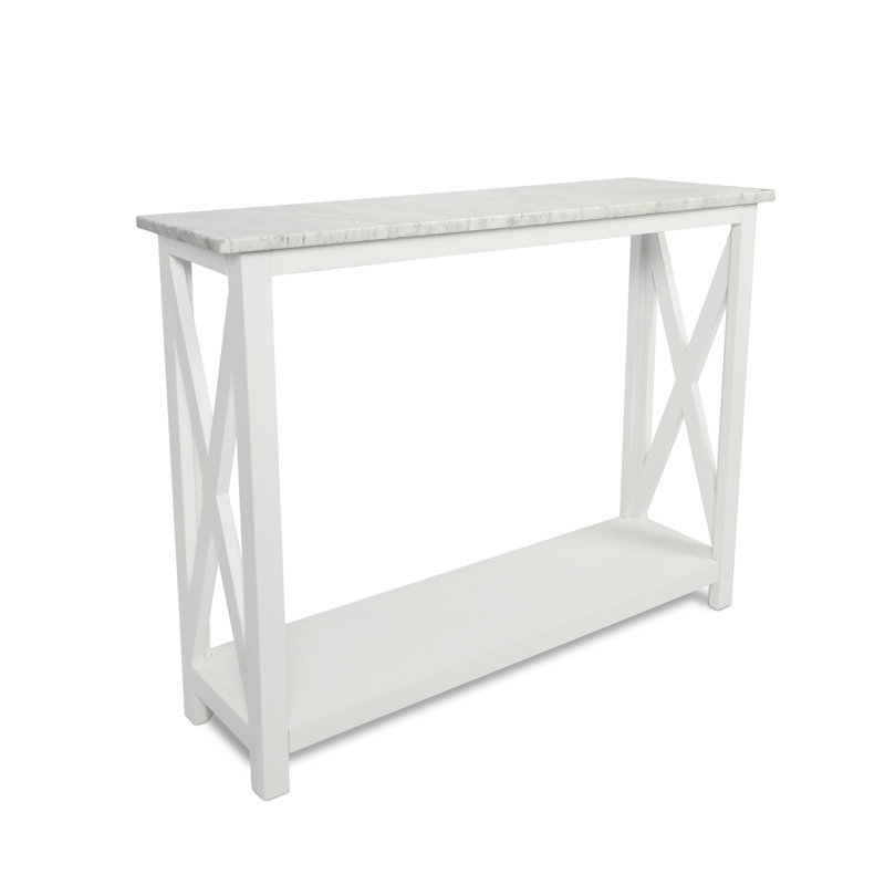 Console rectangulaire en marbre blanc Carrare de 39 po avec pieds en bois massif Luisa, Blanc