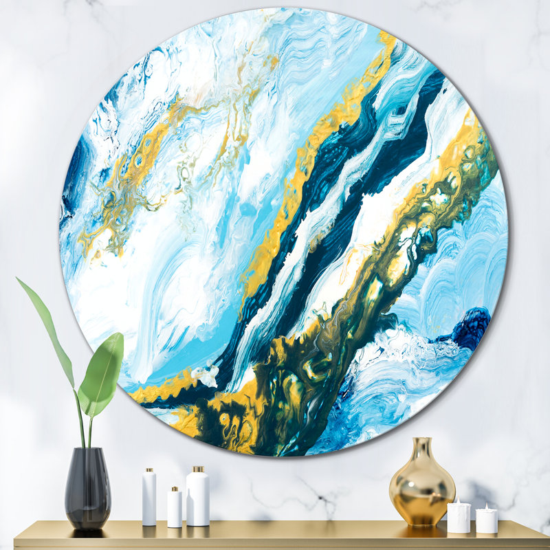 Bleu avec art liquide doré - cercle moderne en métal, H 36 po x l 36 po