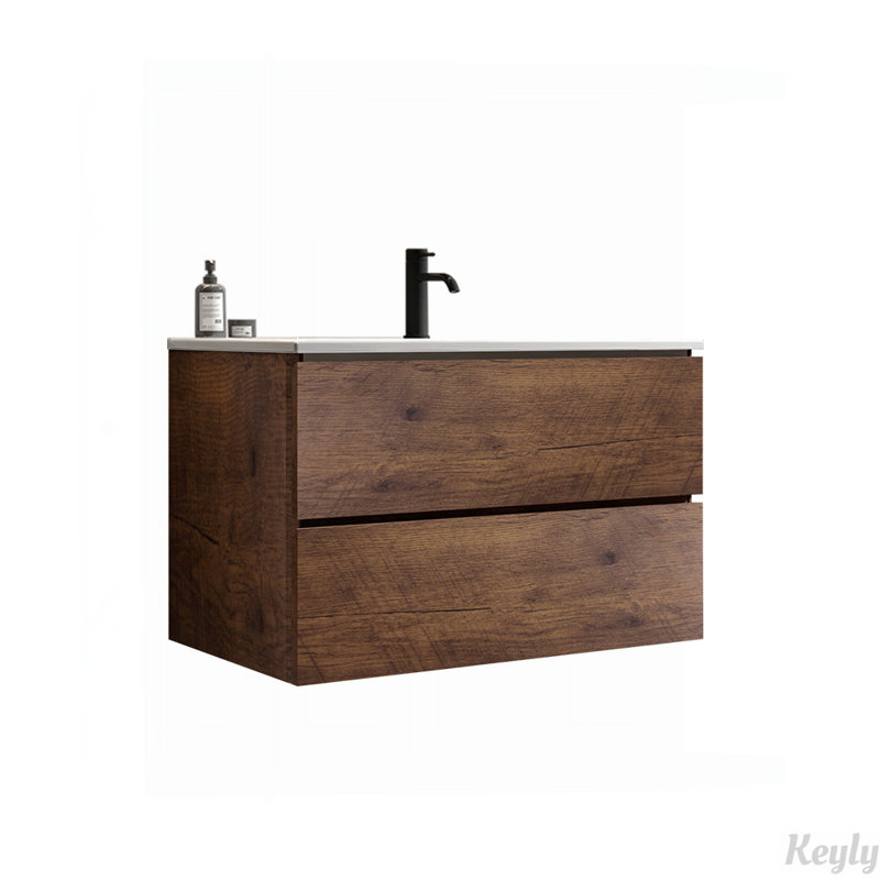 Meuble-lavabo mural avec lavabo en céramique et trou unique, Noyer, 30"